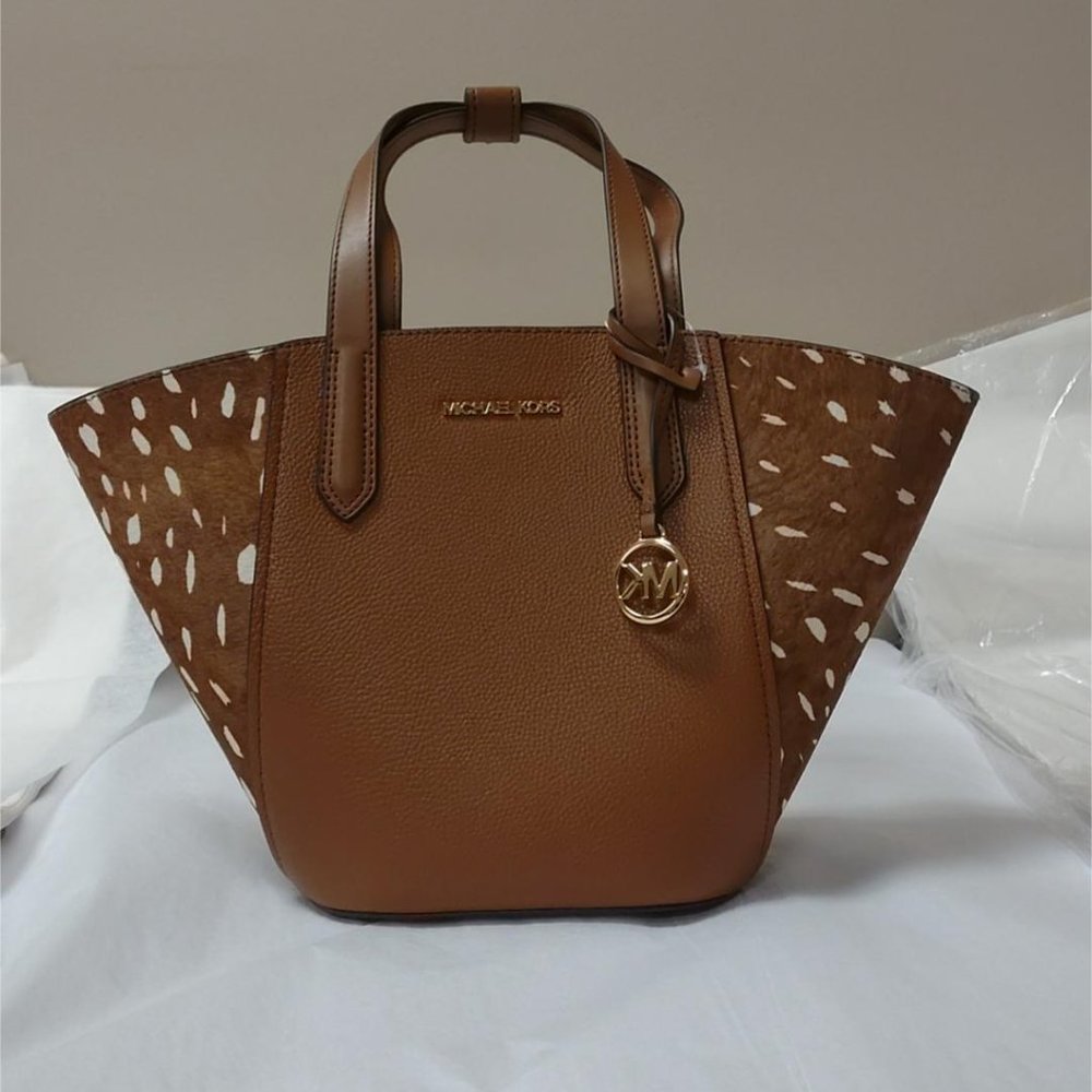 Michael Kors 35F1GPAT1H Portia Small Tote Brown Leather and Calf Hair - Brown Mu